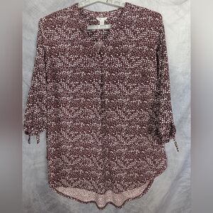 Cato Size 14W/16W Burgundy With White Circles Blouse Liquid Knit V-Neck